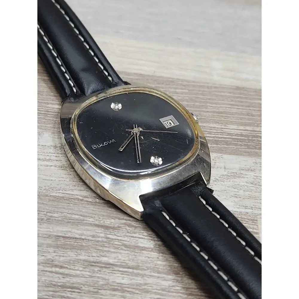 Vintage Mens Bulova Watch Black Diamond Excellency.Runs But Needs Hands Service